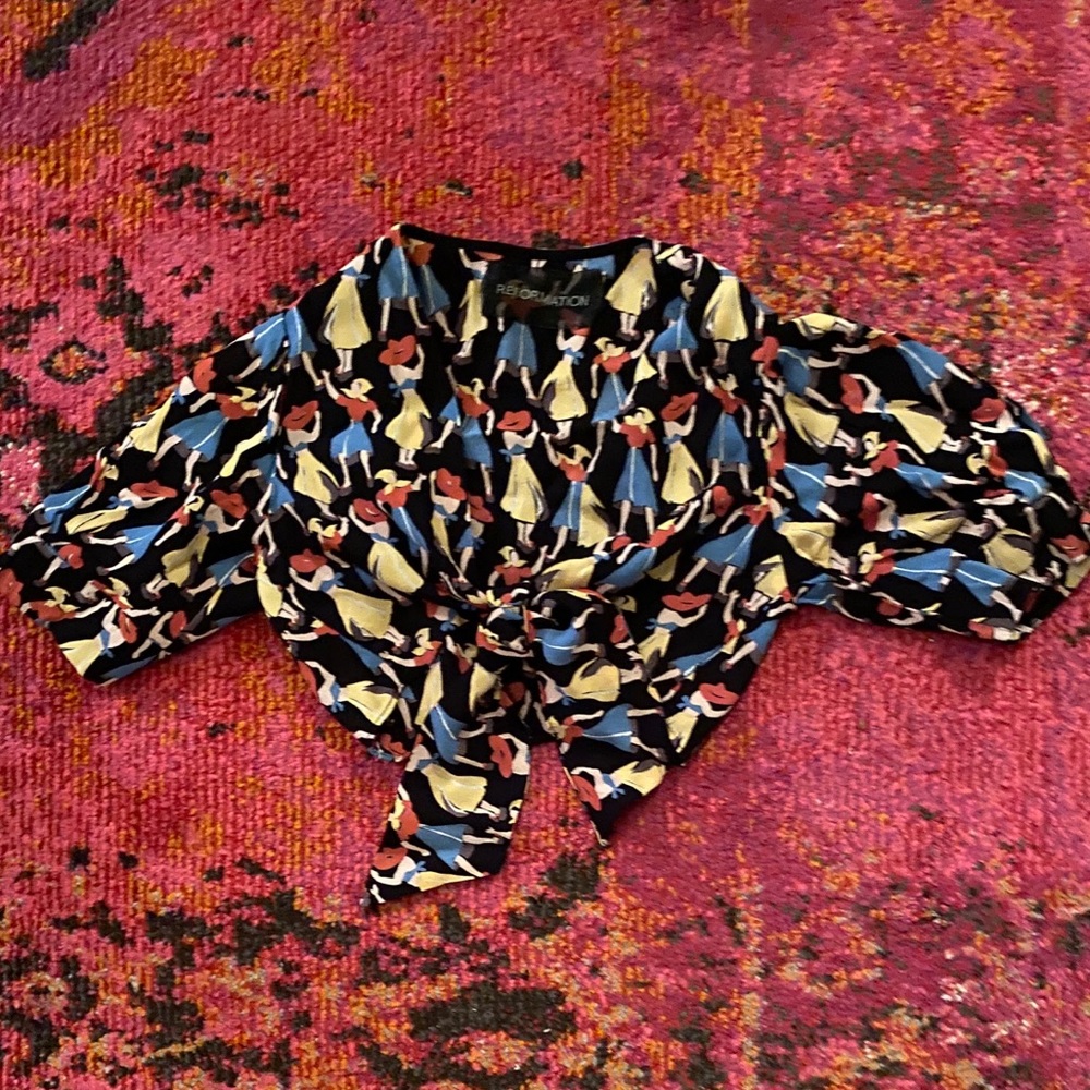 REFORMATION | Tie Front Crop Printed Blouse | 0